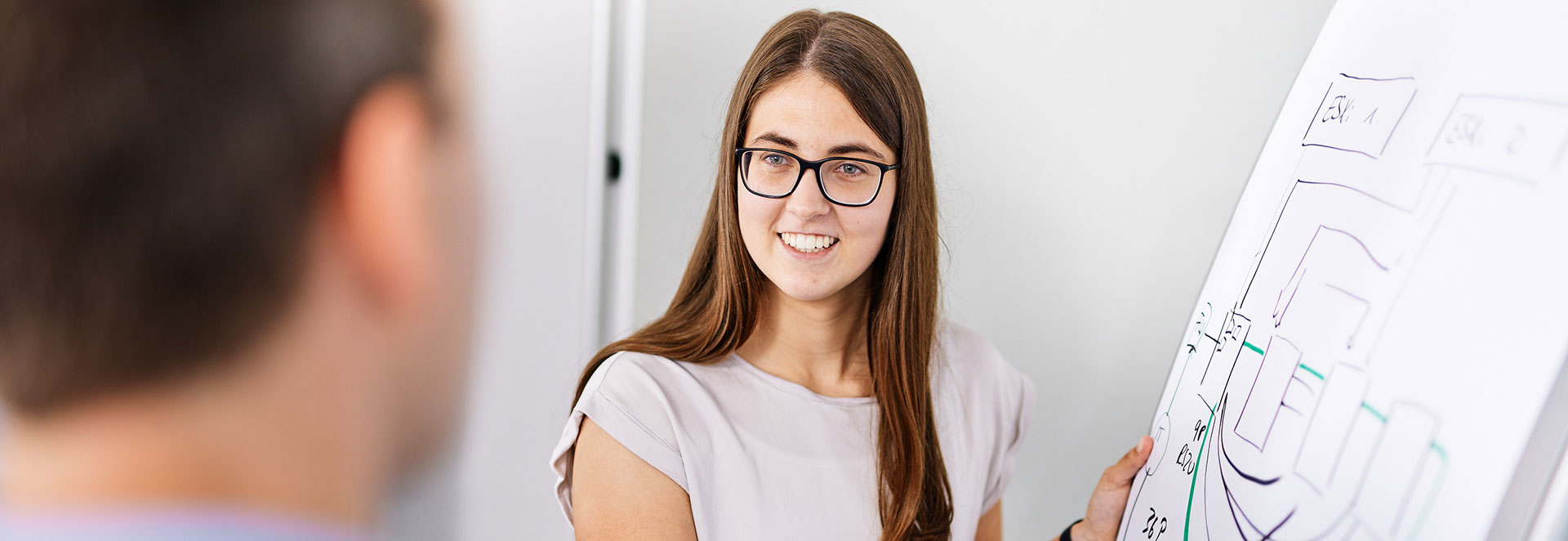 Informatikerin erklärt Netzplan am Flipchart