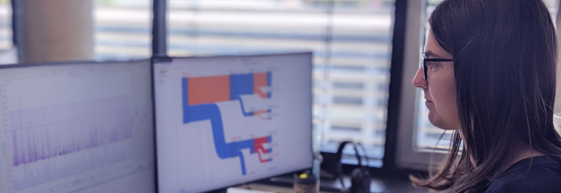 Mitarbeiterin vor Monitor mit Daten